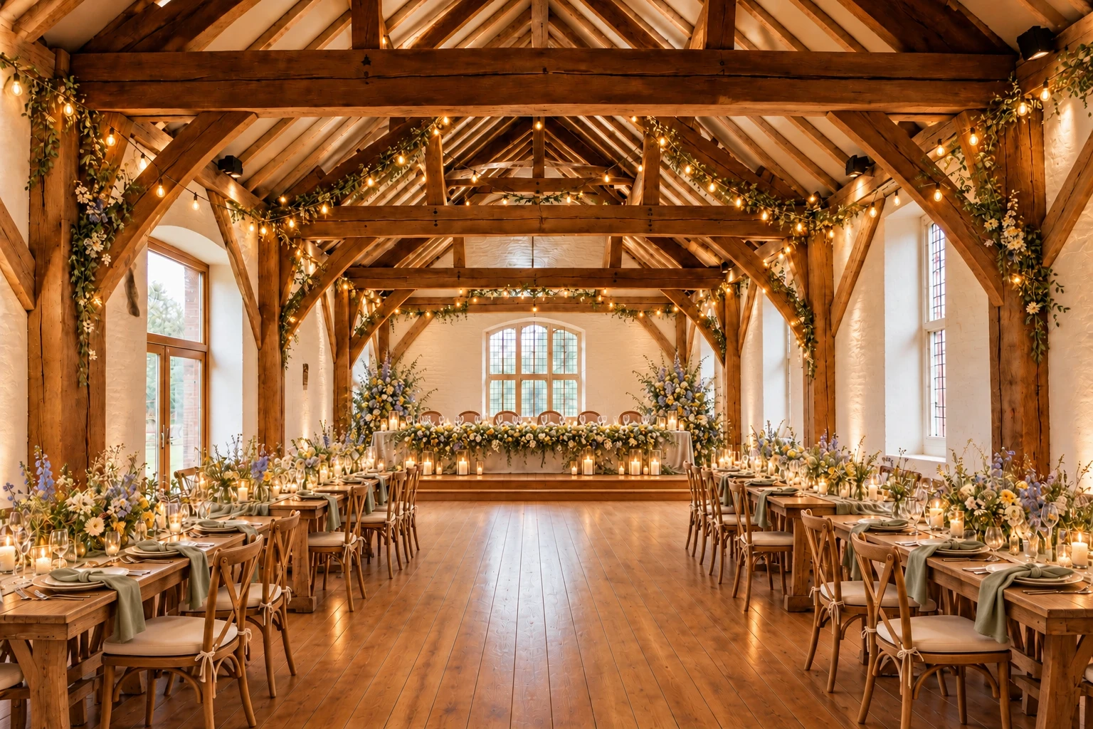 Oak barn wedding reception in Wildflower style, with guest dining tables and a raised wedding-party top table at the back